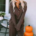  Brown Ribbed Knit Collared Henley Top and Pants Lounge Set