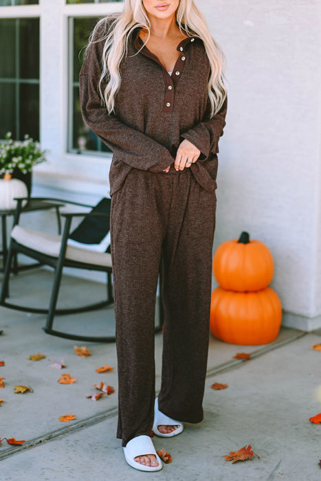 Brown Ribbed Knit Collared Henley Top and Pants Lounge Set