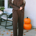  Brown Ribbed Knit Collared Henley Top and Pants Lounge Set