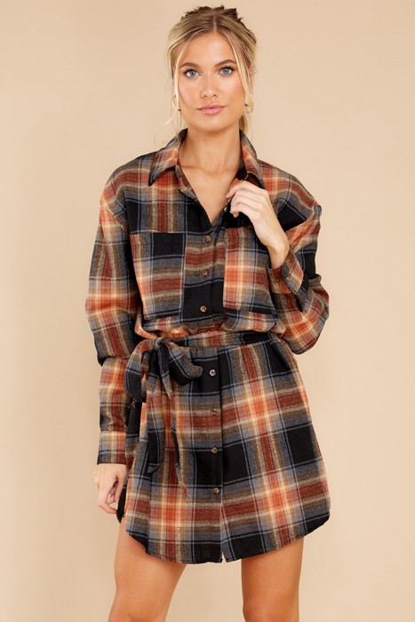 Plaid Pattern Collared Neck Shirt Dress
