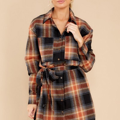 Plaid Pattern Collared Neck Shirt Dress
