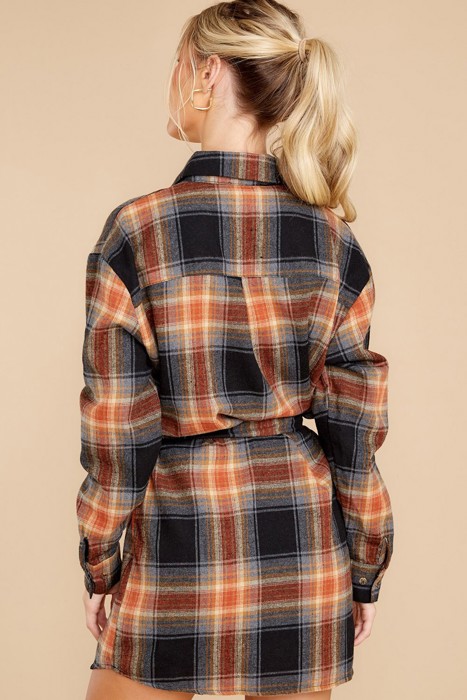 Plaid Pattern Collared Neck Shirt Dress