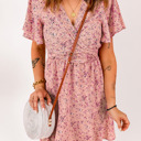  Pink Floral Tie Front Mini Dress