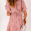  Pink Floral Tie Front Mini Dress