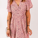  Pink Floral Tie Front Mini Dress