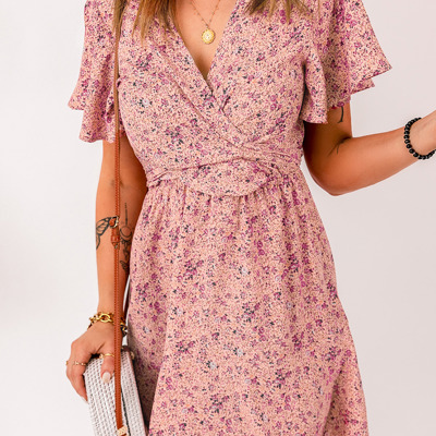 Pink Floral Tie Front Mini Dress