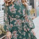  Mock Neck Tie Waist Floral Dress