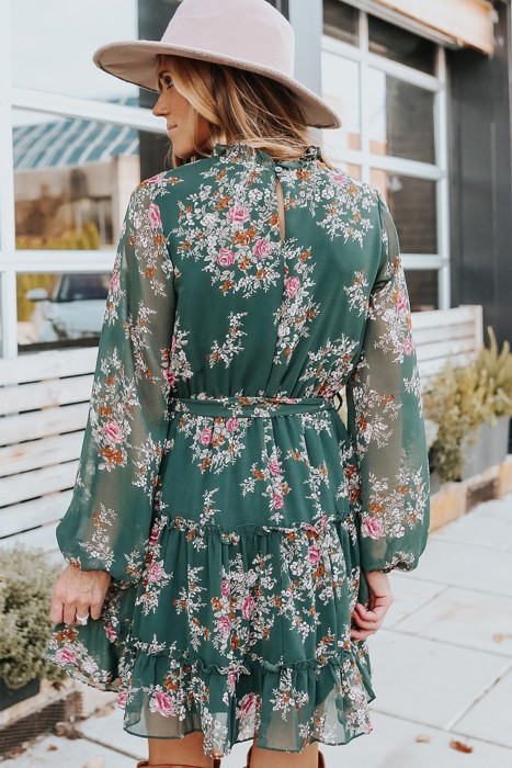 Mock Neck Tie Waist Floral Dress