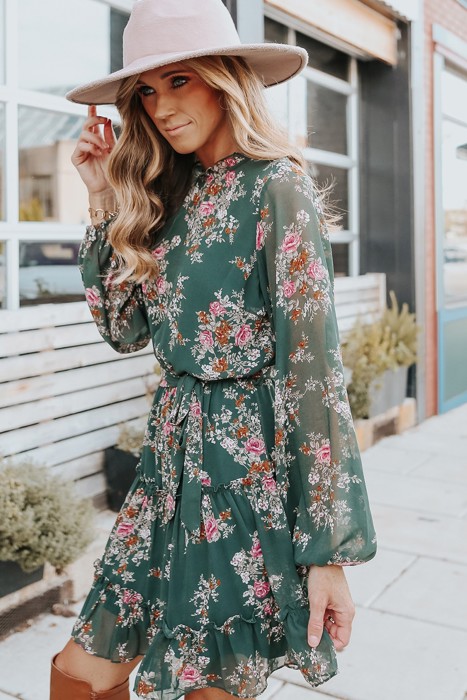 Mock Neck Tie Waist Floral Dress