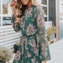  Mock Neck Tie Waist Floral Dress