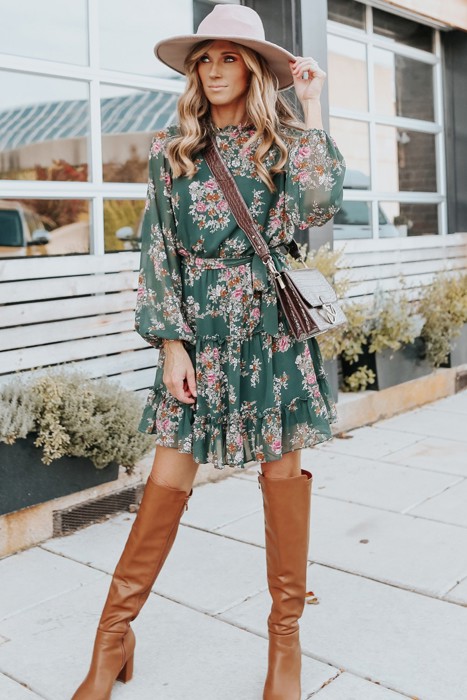 Mock Neck Tie Waist Floral Dress