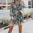  Mock Neck Tie Waist Floral Dress