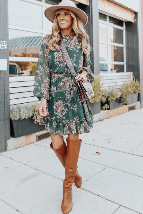 Mock Neck Tie Waist Floral Dress