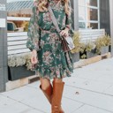  Mock Neck Tie Waist Floral Dress