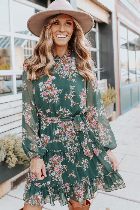 Mock Neck Tie Waist Floral Dress