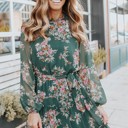  Mock Neck Tie Waist Floral Dress