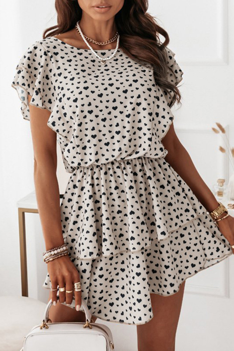 Heart Print Tiered Ruffle Mini Dress