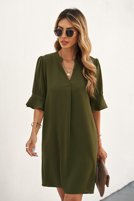 Green Ruffled Sleeve Shift Dress
