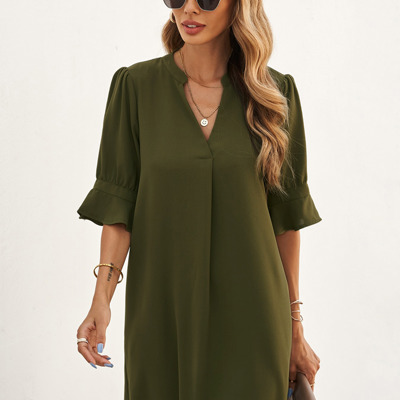 Green Ruffled Sleeve Shift Dress