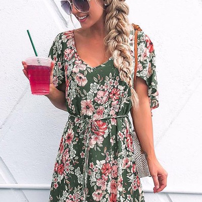 Green Floral V Neck Open Back Mini Dress