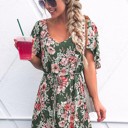  Green Floral V Neck Open Back Mini Dress