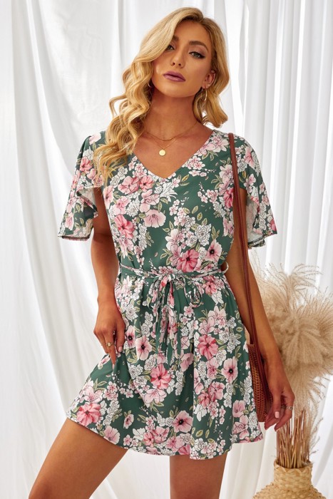 Green Floral V Neck Open Back Mini Dress