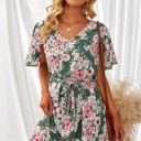  Green Floral V Neck Open Back Mini Dress