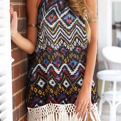Aztec Halter Neck Sleeveless Tasseled Dress
