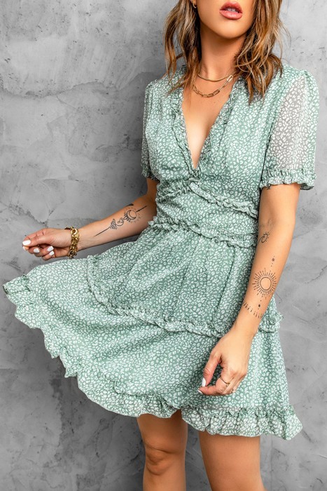 V Neck Ruffle Detailing Open Back Dress