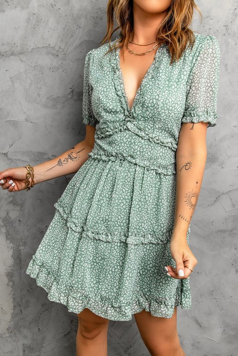 V Neck Ruffle Detailing Open Back Dress