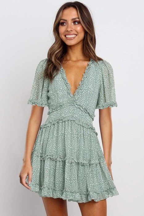 V Neck Ruffle Detailing Open Back Dress