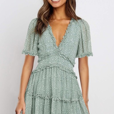 V Neck Ruffle Detailing Open Back Dress