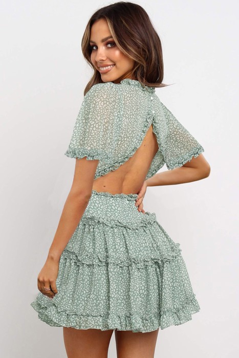 V Neck Ruffle Detailing Open Back Dress