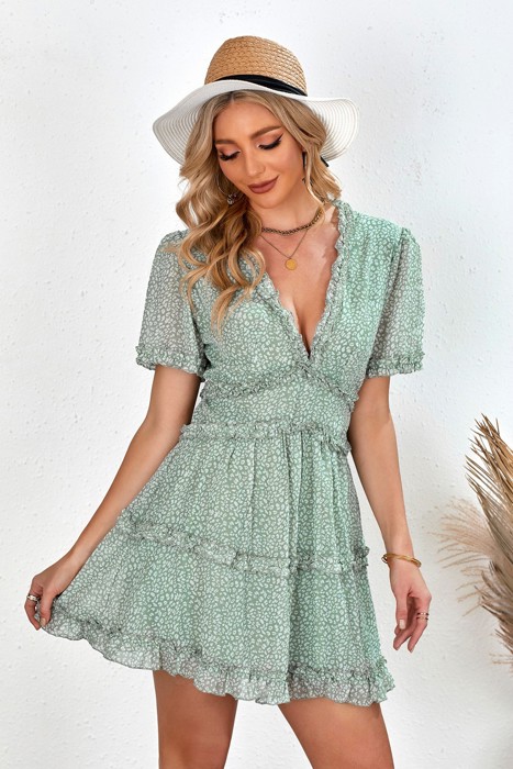 V Neck Ruffle Detailing Open Back Dress