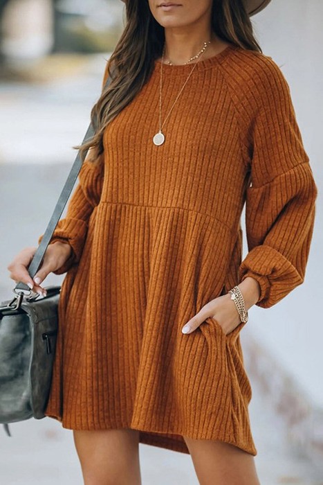 Brown Empire Waist Ribbed Knit Dress