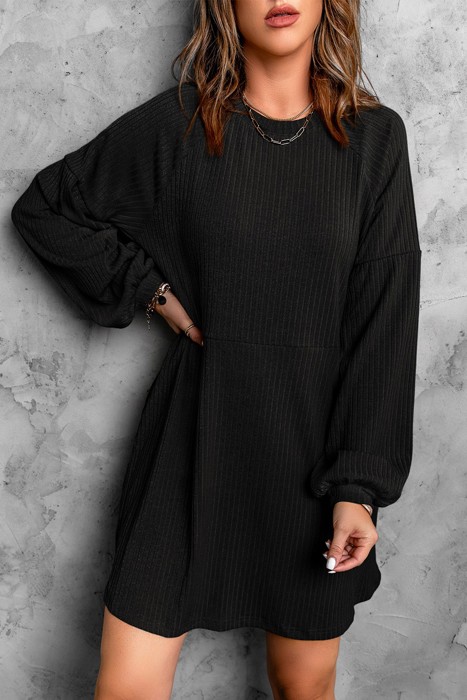 Black Empire Waist Ribbed Knit Dress