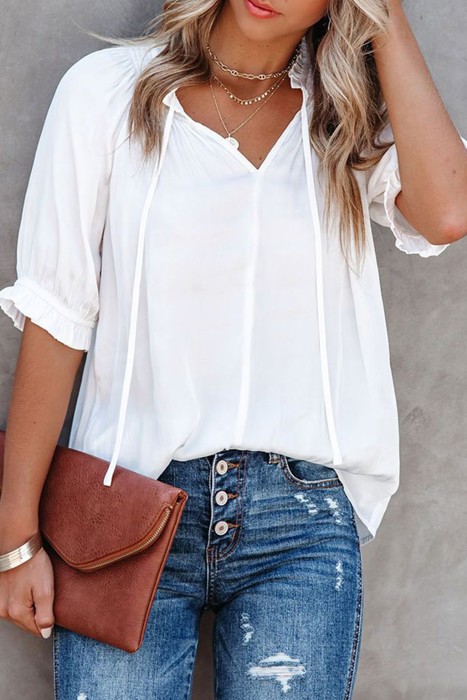 Split Frill Neck Puff Sleeve Blouse