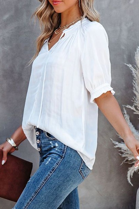 Split Frill Neck Puff Sleeve Blouse