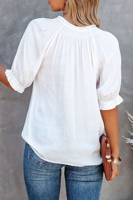 Split Frill Neck Puff Sleeve Blouse