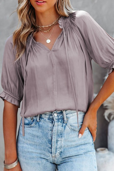 Split Frill Neck Puff Sleeve Blouse