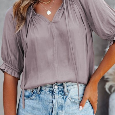 Split Frill Neck Puff Sleeve Blouse
