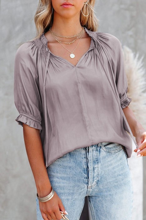 Split Frill Neck Puff Sleeve Blouse