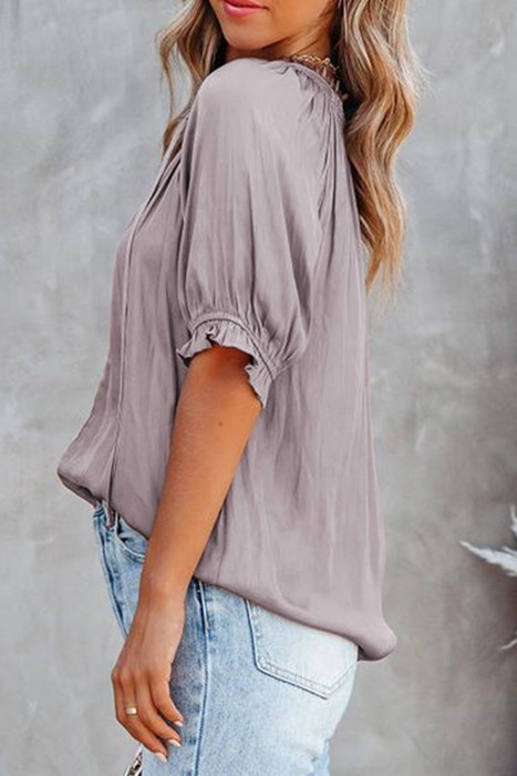 Split Frill Neck Puff Sleeve Blouse