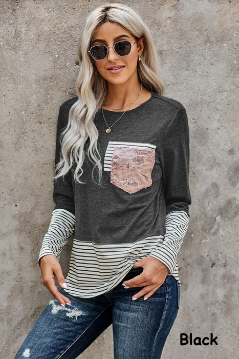Sequins Front Pocket Long Sleeve Top | 3 Colors |