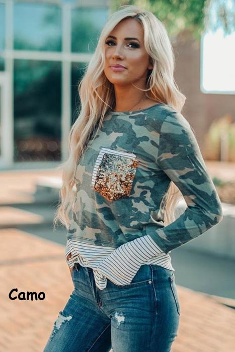 Sequins Front Pocket Long Sleeve Top | 3 Colors |