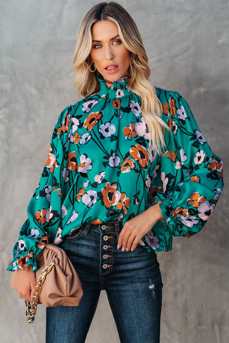 Floral Print Smocked Mock Neck Blouse