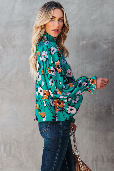 Floral Print Smocked Mock Neck Blouse