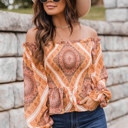  Boho Print Smocked Puff Sleeve Peplum Blouse