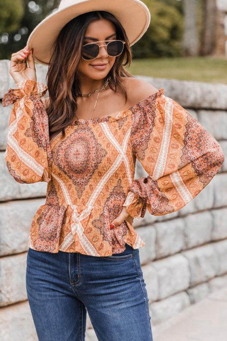 Boho Print Smocked Puff Sleeve Peplum Blouse