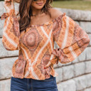  Boho Print Smocked Puff Sleeve Peplum Blouse